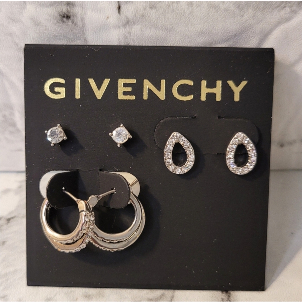 Givenchy Earrings (Set Of 3) Crystal SilverTone Small Hoops & Studs Designer NWT